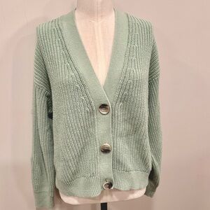 H&M Rib Knit Cardigan 3 Button Soft Green Cotton Acrylic Size Medium